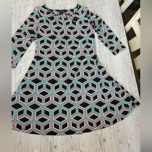 Kaari Blue Geometric Print Long Sleeve Dress Small A-Line